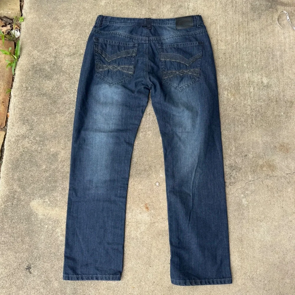 Vintage Brass Men Slim Straight Dark Wash Denim Jeans 34x30 Blue Embroidered